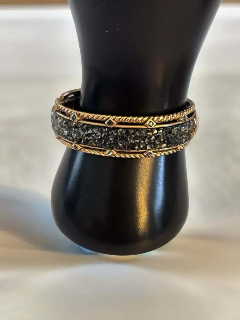 Brighton Retired Crystal Rocks Hinged Bangle Bracelet Gold Black Crystals.